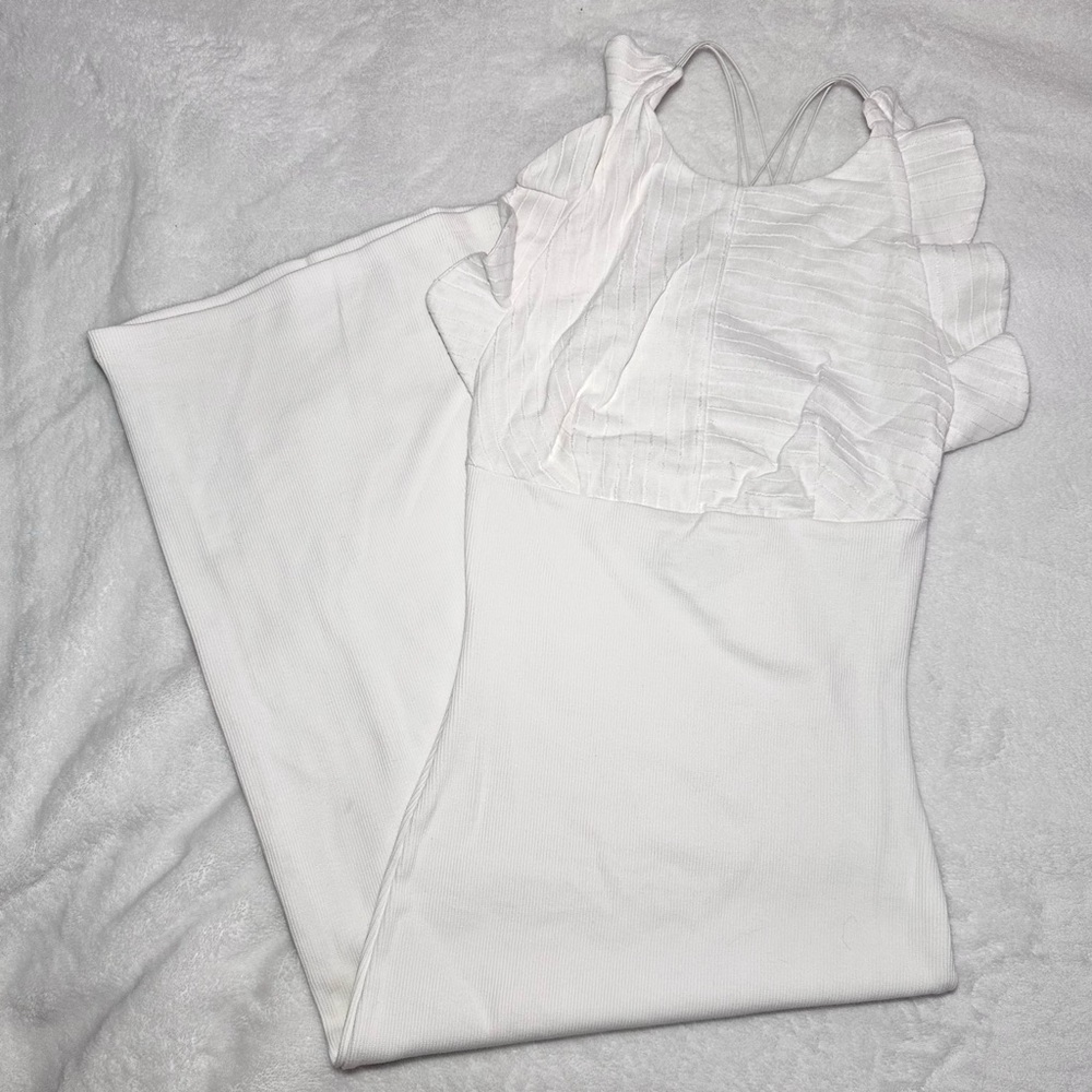Zara White Ribbed Bodycon Midi Ruffled Dress - Size S